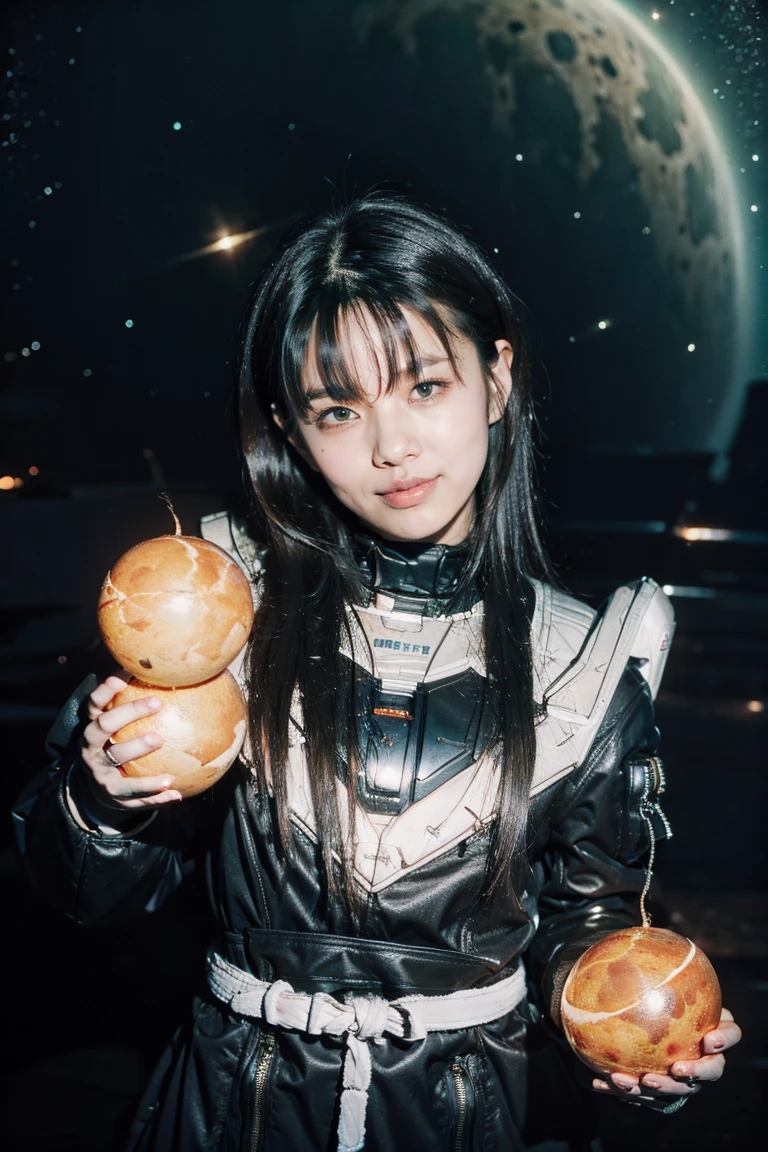 highest quality, be familiar with, 4K, RAW photo, masterpiece, be familiar with face,, performer, planet, Milky Way, space,, a photo of エニセマール flying in space, black hair, bangs, long hair, looking at the viewer, light from the stars、explosion、robot