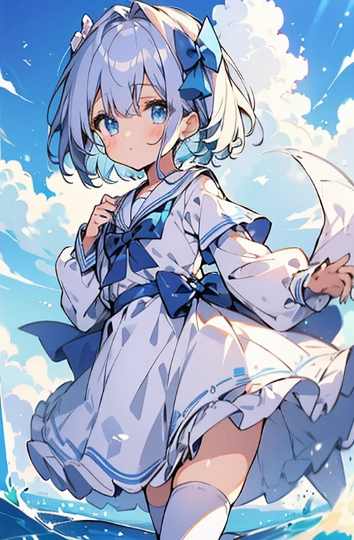 ((highest quality))、((８K))、((High resolution))、((masterpiece))、((Super detailed))、一人little girl、（height 140ｃｍlittle girl）、((Looking at the camera from the front))、((photo from the knees up))、((standing))、beautiful and delicate blue eyes、beautiful smooth silver hair、Fluffy short hair、gentle and adorable big eyes、big smile、blush with embarrassment、((Perfect and beautiful fingertips))、 wearing a light blue sailor suit、flat chest、(white stockings)、（School building）、summer sky