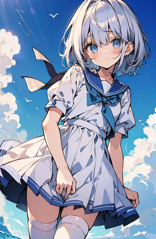 ((highest quality))、((8K))、((High resolution))、((masterpiece))、((Super detailed))、一人little girl、(height 140cmlittle girl)、((Looking at the camera from the front))、((photo from the knees up))、((standing))、beautiful and delicate blue eyes、beautiful smooth silver hair、Fluffy short hair、gentle and adorable big eyes、big smile、blush with embarrassment、((Perfect and beautiful fingertips))、 wearing a light blue sailor suit、flat chest、(white stockings)、(School building)、summer sky