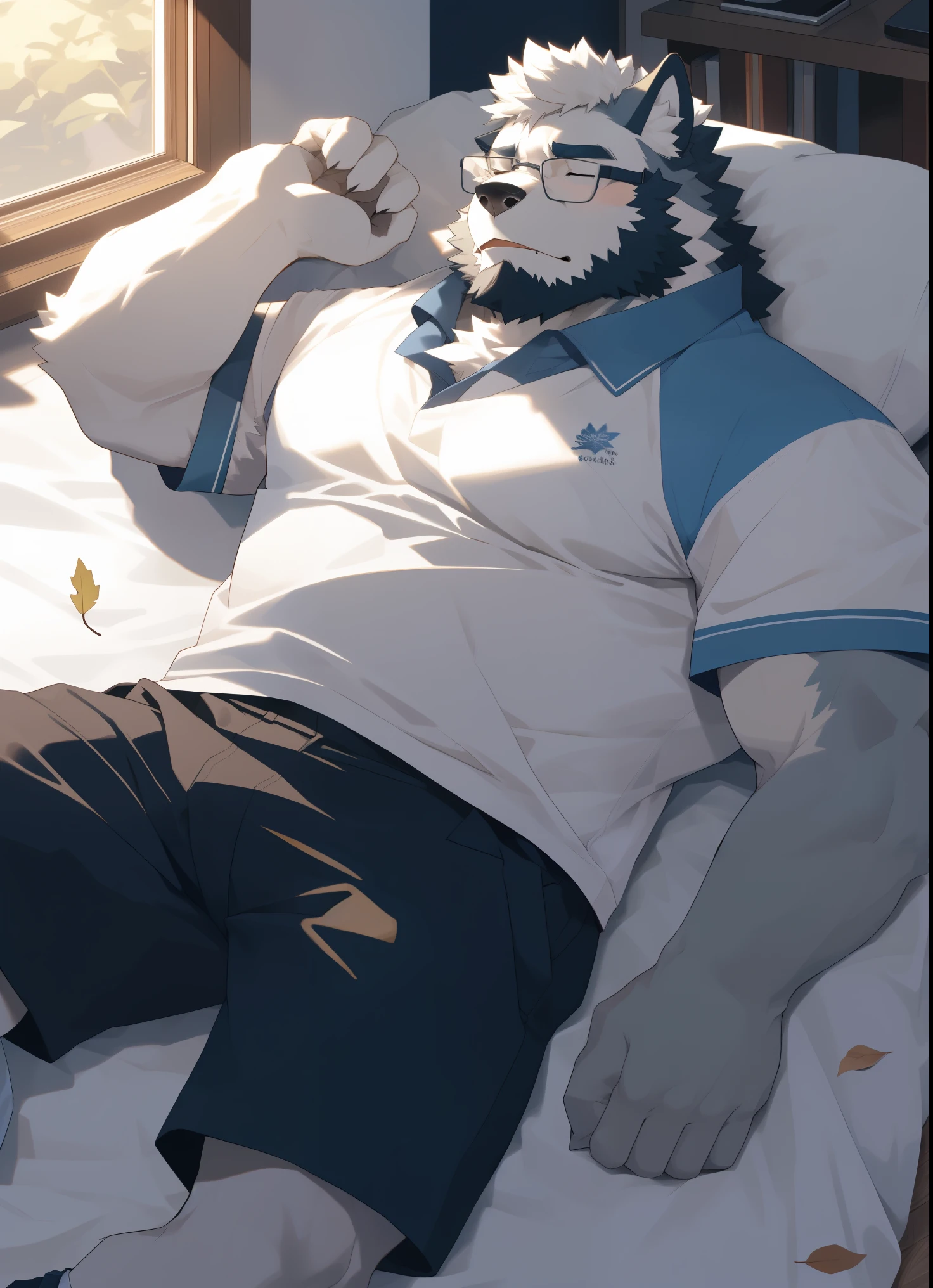 hairy,(Wolf,Black-rimmed glasses,White short sleeves,Gray long sleeve shirt jacket,rolled up sleeves,sweat shorts,white socks),beard,white fur,male,Common,full body picture, dynamic poses,Stroke your pectorals with both hands,In the bedroom,Lying in bed,lying down,raise your legs,blush,shy expression,detailed background,极其lifelike阴影,masterpiece,Very detailed,lifelike