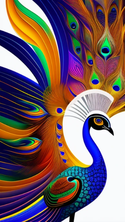 In the stillness of a white background, a minimalistic peacock emerges through vibrant neon lines, meticulously tessellated to perfection. The geometric design mirrors the symmetry of the creature, each line intertwining in an intricate dance. Enveloping the peacock is a halo of multicolored smoke effects, the contrasting hues casting a mesmerizing aura around it. The 8k resolution captures every curve and detail, the vectorized artistry showcasing the intricacy of each line, as if inviting one to delve deeper into its enchanting allure. The beauty of this art piece is a testament to the power of minimalistic