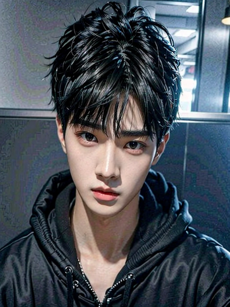  a young man with a black hoodie, cai xukun, male ulzzang, jung jaehyun, jinyoung shin, kim doyoung, 1 7 - year - old boy thin face, sakimichan, inspired by Bian Shoumin, headshot profile picture,  boy has short black hair, hyung tae, 