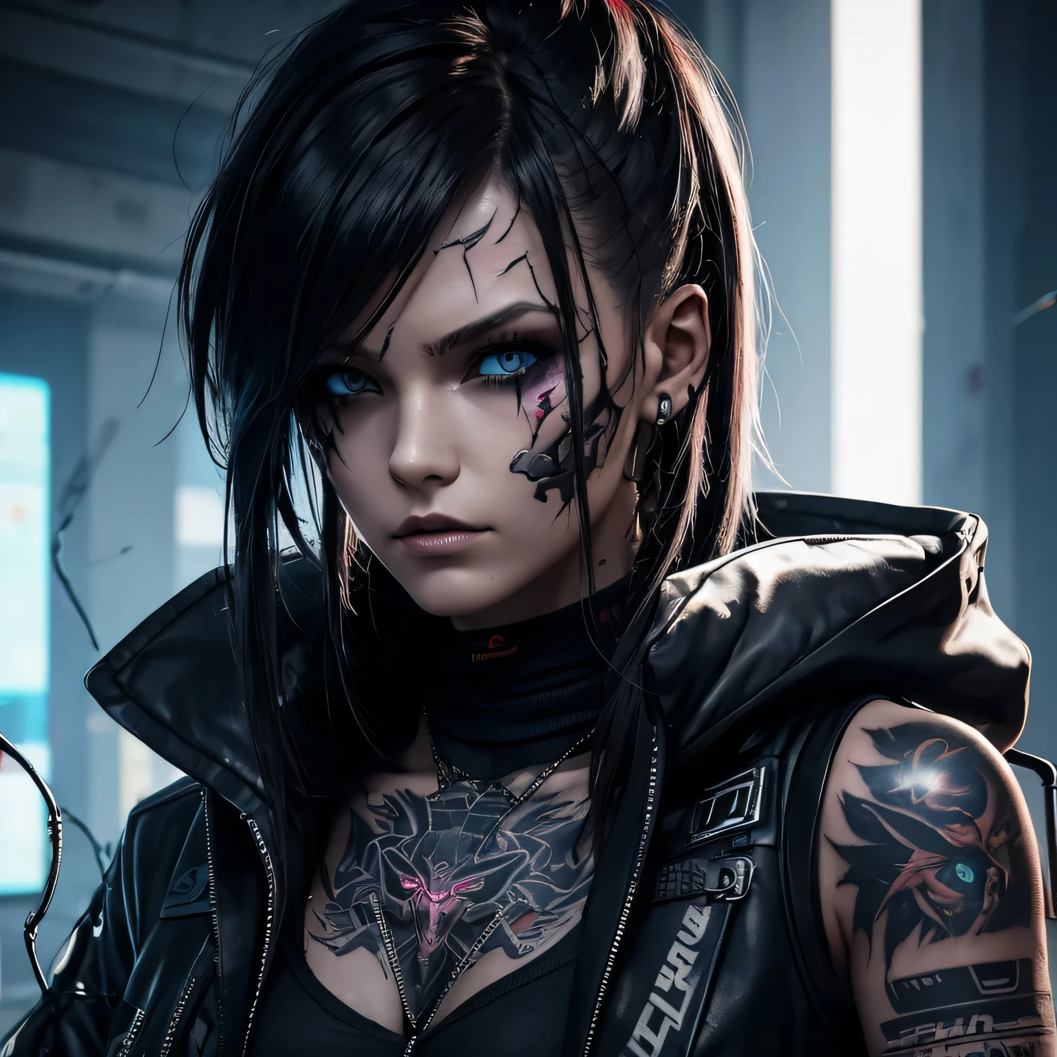 Cyberpunk, damaged, schwarzes Haar, Tattoo on part of her face, Cyber-Tattoo, Zahlen, Tattoo auf Schulter und Hals. Robot clothes with wires, Malstil, Vanvas-Textur, Pinselstriche