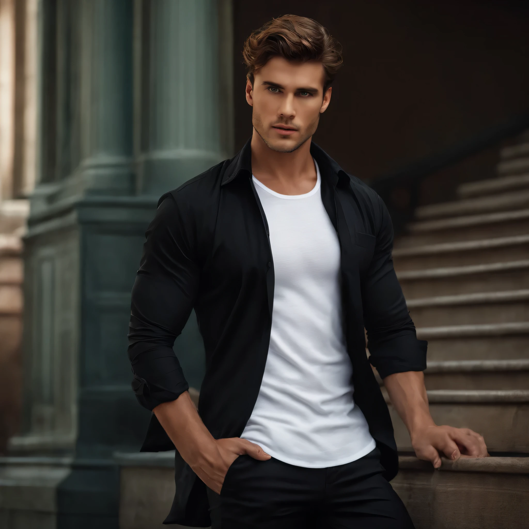 I want a male character .Start with a high-resolution portrait, White Flannel Shirt, black pants and black shoes, Choose the appropriate costume and background, adjusts lighting, Apply professional filters and effects for a polished look., roll up his sleeves