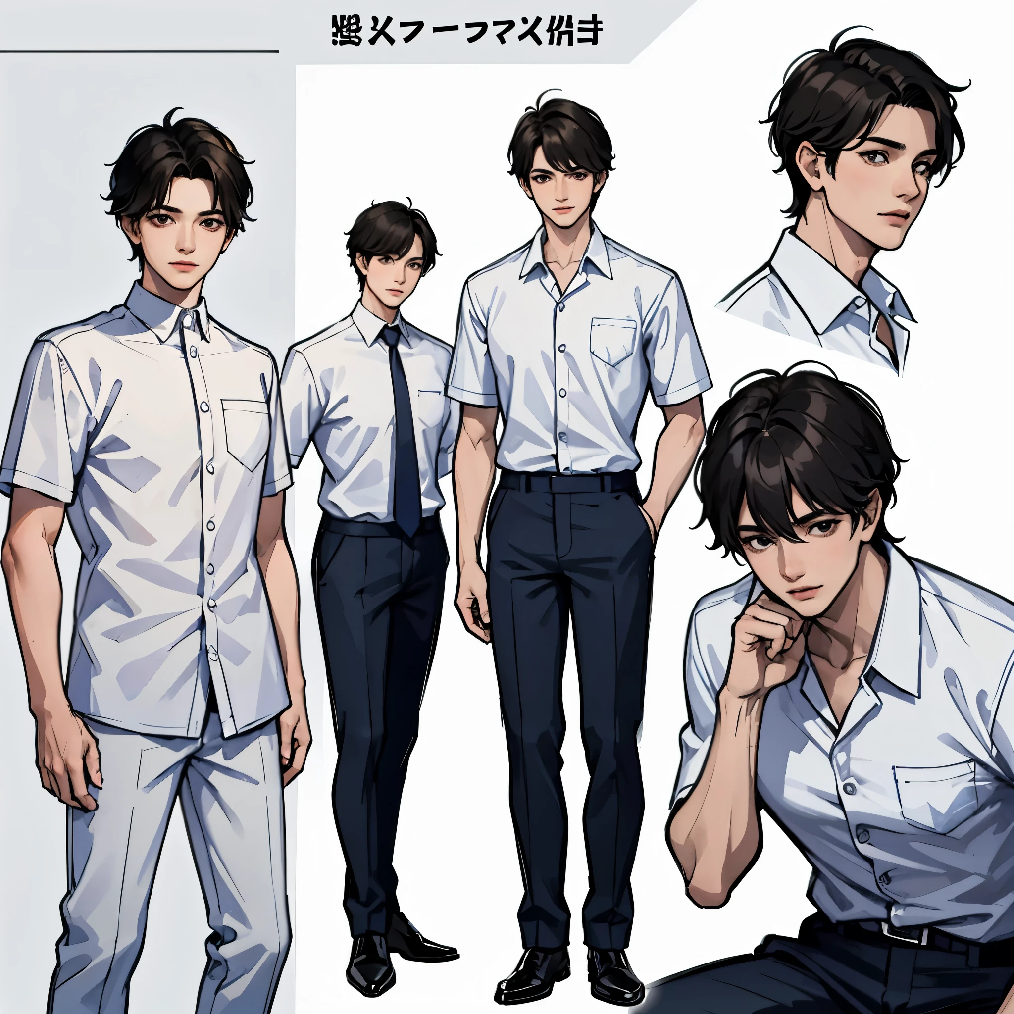 a boy character sheet, head view from different angles, eight different angles boy has black hair black eyes wearing white shirt and blue pants , masterpiece, ultra high quality, ultra detailed, ultra detailed eyes and face