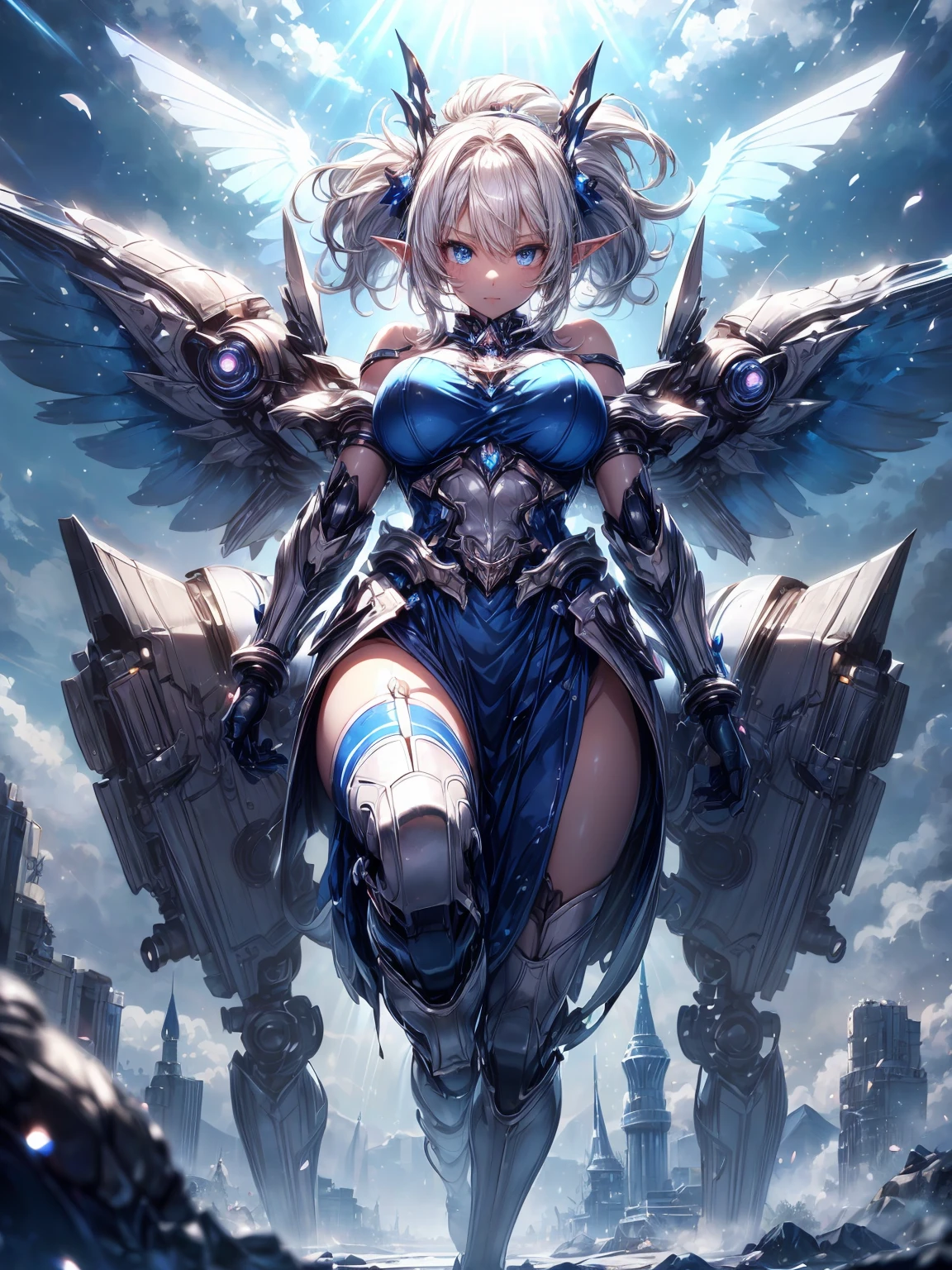 (masterpiece、highest quality, wonderful, very detailedティッカーユニティ、8k wallpaper, Depth of written boundary, Ultra-fine illustration:1.5)、。.。.3D, very detailed, (Full body Esbian、Mecha elf girl:1.3), sci-fi battlefield, Hawken, smile, open your mouth、short ponytail hair, (white blonde hair, deep blue eyes:1.2), sparkling eyes, cute顔, cute, big breasts, delicate hair, messy hair, (((Flying high in the sky))、blue sky, White cloud), shiny hair, shiny skin, (Symmetrical mechanical winetallic colored mechanical wings that are widely expanded to the left and right so that they protrude wonderfully from the screen, bite, white hair ornament), (particles of light, cinematic lighting: 1.3), (pale pink lips: 0.8), by Yusuke Murata.