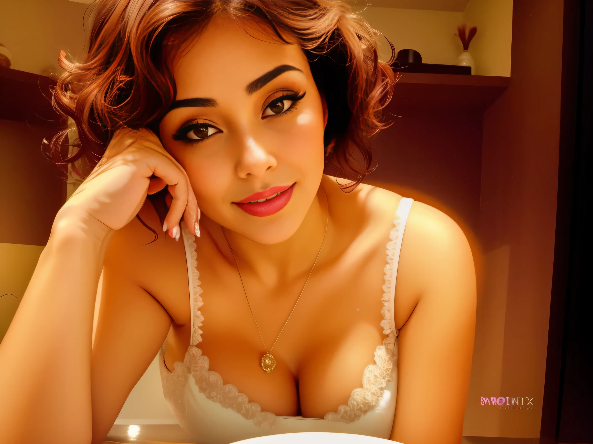 there is a woman sitting at a table with a plate of food, with a sad expression, late night melancholic photo, Absorto em pensamentos, parece triste e solene,Uma mulher com pele branca bronzeada e cabelos escuros. ela tem cerca de 35 anos. Your slightly plump lips are like a delicate flower, o marrom escuro dela, olhos grandes e encantadores parecem conter um mundo de maravilhas. Corpo fino. cintura fina. Your body exudes glamor and your face is the definition of beauty. teste, Altamente realista, pele avermelhada, Lindo, soft lips, batom cor de rosa, sorridente, feeling of lightness and joy, hiperrealismo, pele muito elaborada, olhar direto. foto de corpo inteiro, Limpar foto, alta qualidade, high resolution, obra de arte, 8k