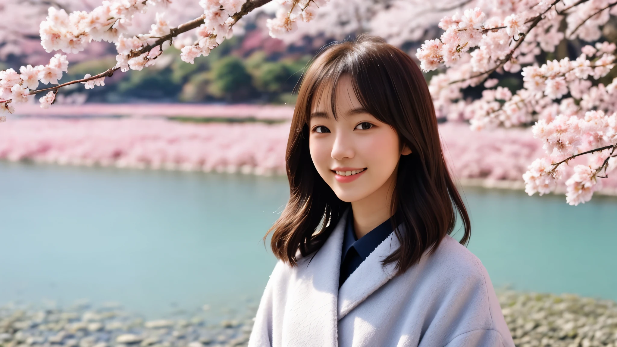 Instagram pictures, 1Asian Girl, Shoulder length hair, with light blonde hair, Close-up photo, coat, The background is the lake Kawaguchiko with cherry blossom, Japan, smile a little,