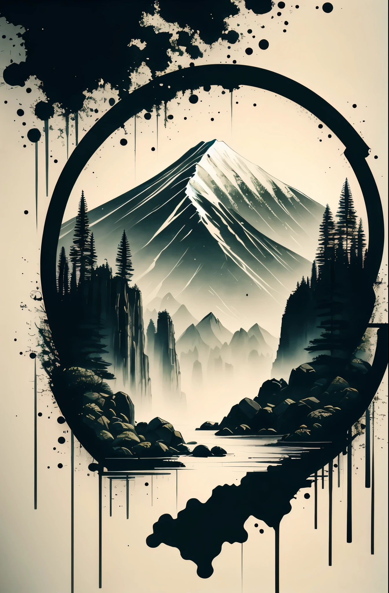 white background, scenery, ink, Mount Everest mountains, water, trees --ar 6:5