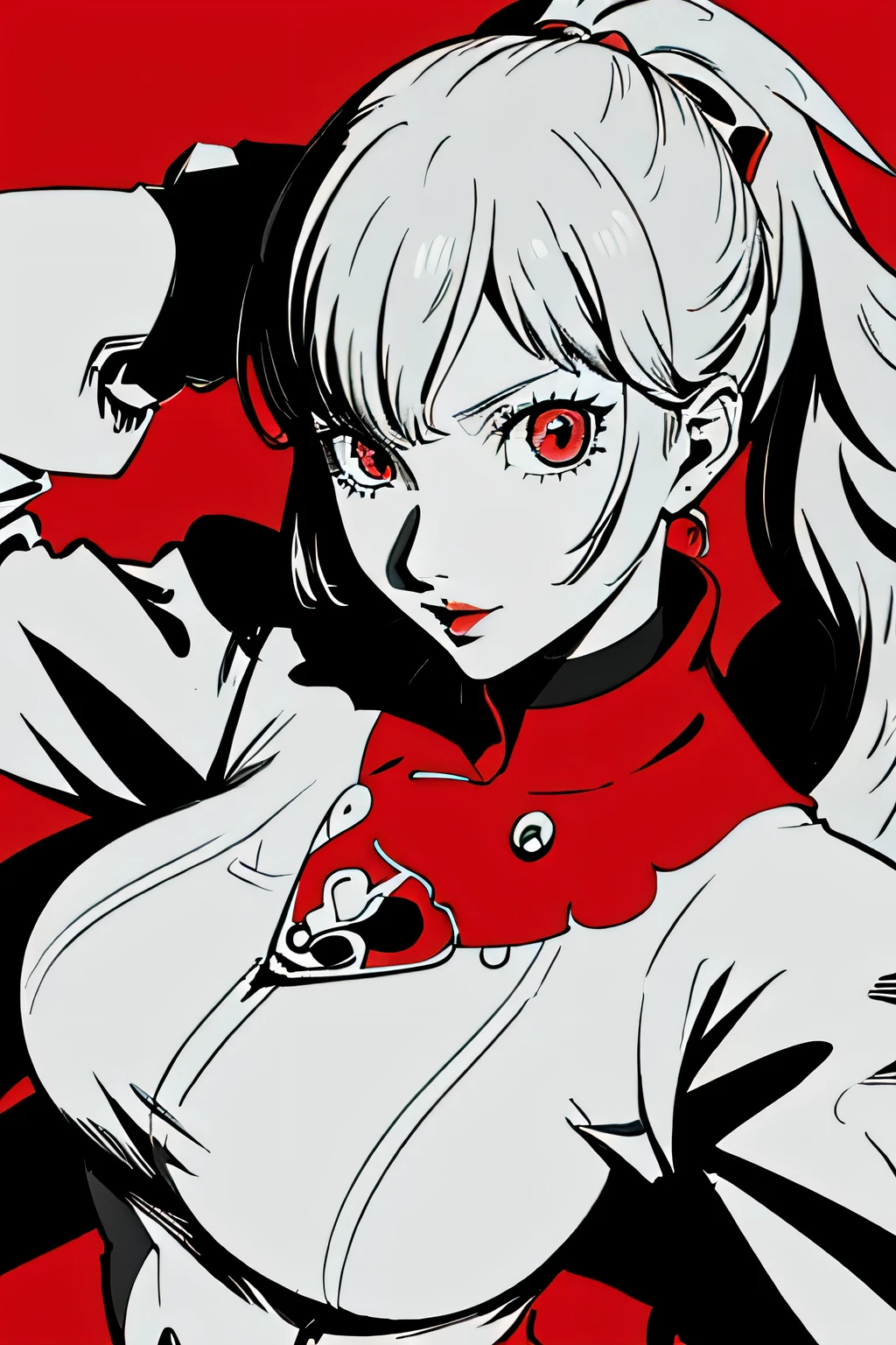 red_black_white,(pieces fly:1.2),(anime style etc..,Comic Core:1.1),1 girl,Quill pen,crazy about love,highly detailed eyes,highly detailed face,highly detailed hair,8K,Decide,