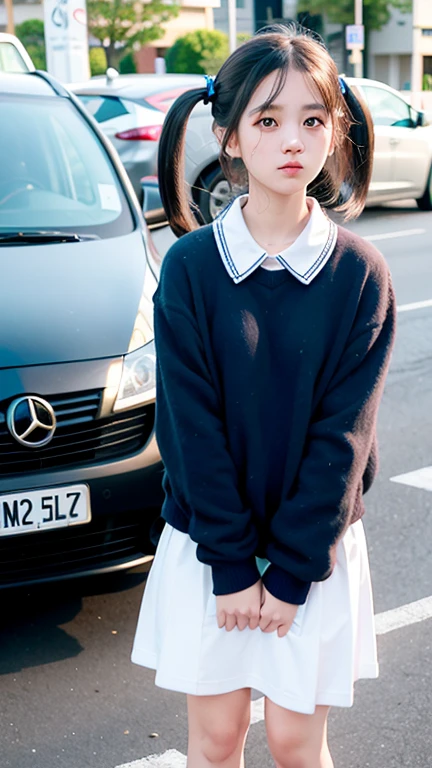 1 girl, Are standing, hand_hihandx style, Home, school uniform,twin tails, car, carrying bag,17 years old