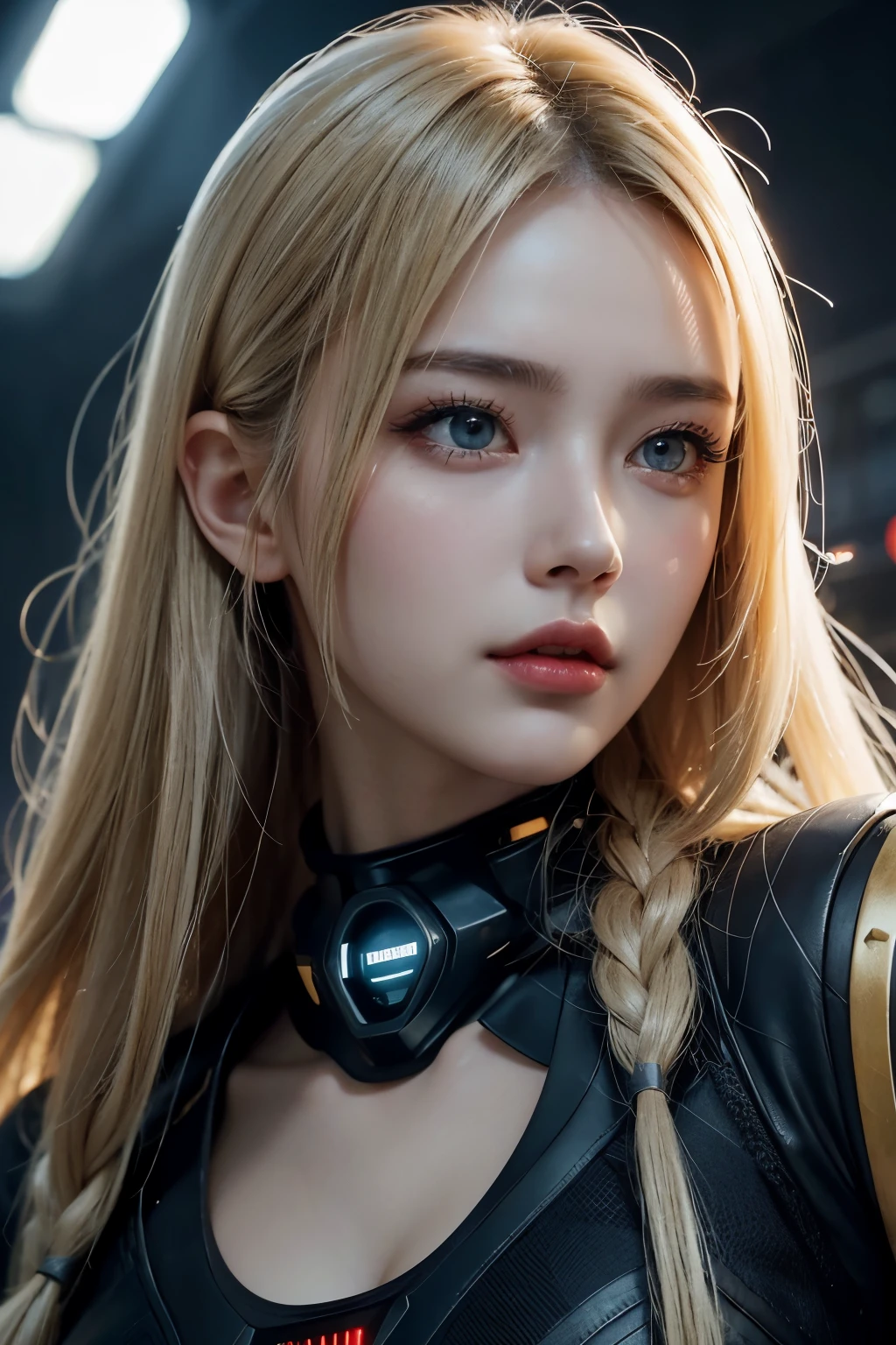 8K, masterpiece, Raw photo, Best Quality, photorealistic, high resolution, depth of fields, Cinematic Light, Lens Flare, Ray tracing, (Extremely beautiful face, Beautiful lips, Beautiful eyes), intricate detail face, ((Ultra detailed skin)), 1women, charming Russian model Nata Lee, light blonde hair, there is a woman 30yo wears an intricate cyberpunk suit, a hyperrealistic cyberpunk, hyperrealistic cyberpunk, shuttle launch pad in the background.
