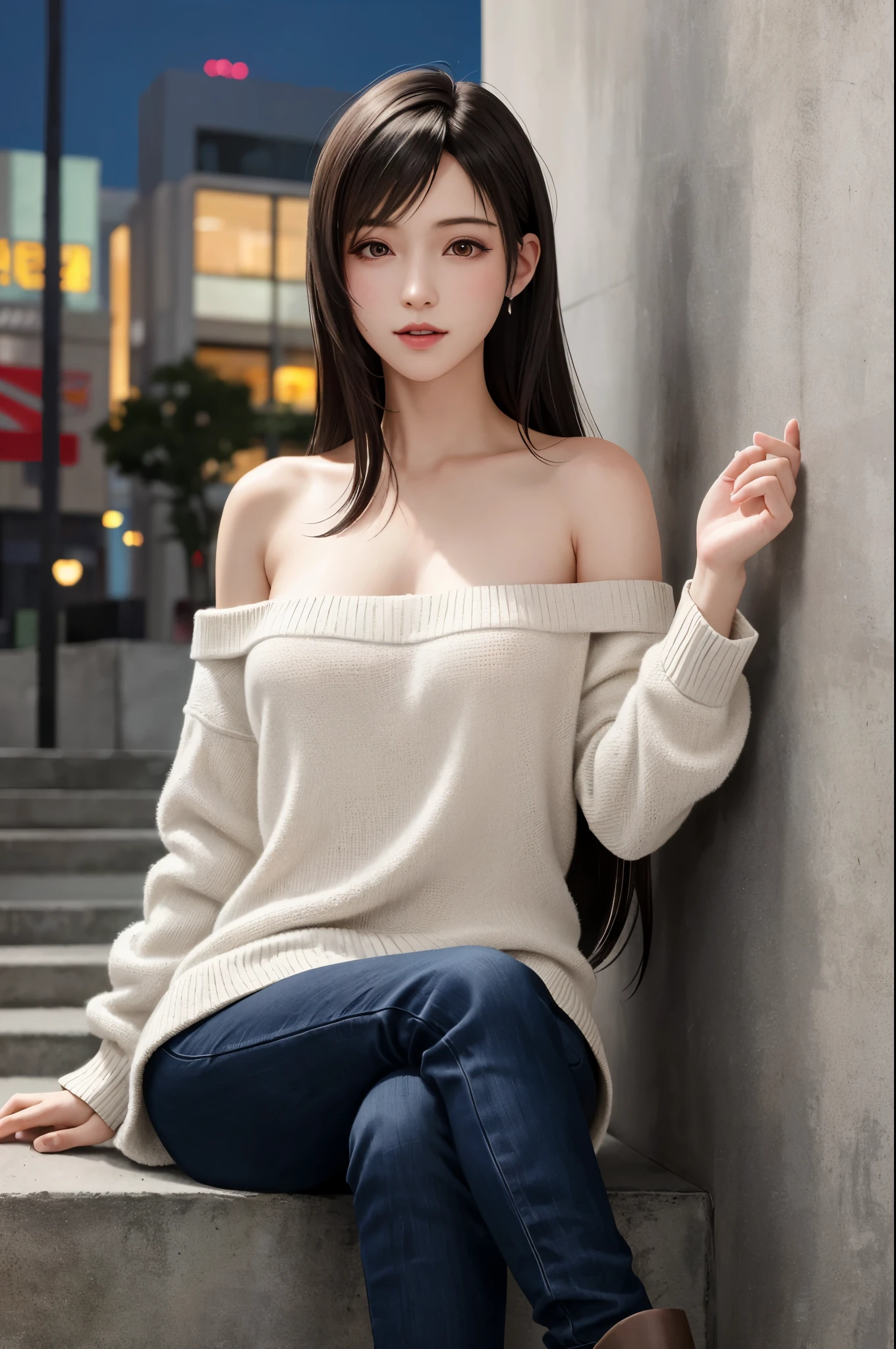 (top quality, masutepiece: 1.1), (Realistic: 1.3), (photoRealistic: 1.3), BREAK (((FF7,Tifa_lockhart))),(solo,Tifa:1.2),(loose knit sweater dress:1.3,oversized sweater:1.3,long sleeve:1.2,white),(short pants),(tight very long boots:1.2),(background big city,shibuya:1.1,night:1.3,neon:1.2),(model pose:1.3,nogizaka idol,crossed legs),Ultra-detailed face, Detailed eyes,Red eyes, BREAK (((FF7,Tifa_lockhart))),(black brown hair, Large breasts: 1.2), BREAK (no bra),(Small and beautiful hard nipple) , About 18 years old,kawaii,(face focus:1.0,face close up:1.0),sensual,zettai_ryouiki:1.1,looking at viewer,cowboy shot,behind wall