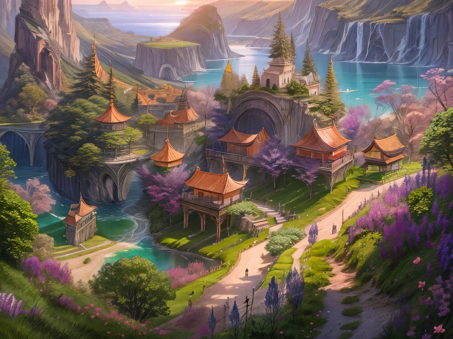 （best quality，8k，high resolution，masterpiece，Super detailed，1.4x more realism), wonderland旅行圣地地，梦幻wonderland，Charming holiday paradise，wonderland，fantasy land，tourist resort，heavenly island，stunning sunset、（fantasy art、The art of math） , concept art, Trending on artstation, The art of Greg Rutkowski, The art of artgerm,art by rossdraws,The art of Krenz Cushart，[(background:1.4)::5]