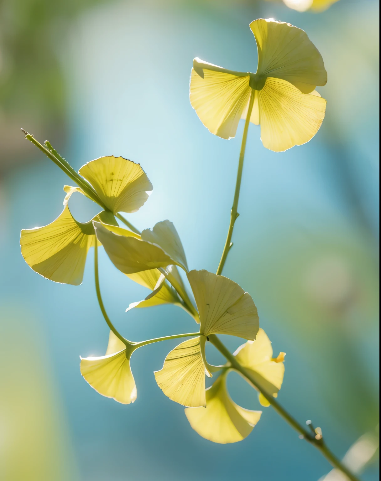 ginkgo leaf, ginkgo forest, no humans, plant, landscape, still-life, sky, best quality, detailed, wallpaper, watercolour painting style,Hand Painted, dim sun light