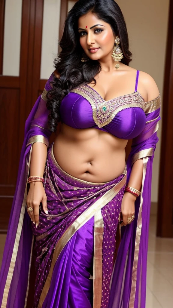 Mature plump indian woman、Female sexy、Traditional Indian costume in purple