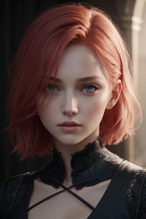 1fille, star eye, rougir, perfect lighting, cheveux roux, les yeux rouges, unreal engine, side lighting, detailed face, frange, peau claire, sinple background, fond sombre, European