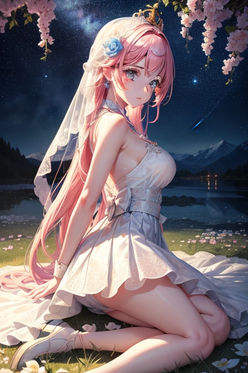 Colorful starrailloating white feathers),Purple,(((((masterpiece))))),(((((high resolution))))),alone,(hair splayed out),((flowing hair)),pink hair,blue_Eye,permanent,Big breasts,((美丽细致的short skirt, flower patterns on clothes,White dress)),bridal gloves,ribbon,hair ribbon,hair flower,veil,beautiful detailed sky,glowing light,Ray tracing,reflected light,depth of field,((((Put your arms behind your back)))),Flowers and meadows,Mountain,(((((role conception))))),(((((Extremely detailed CG unified 8k wallpaper))))),Cross necklace,crown,earrings,bridal veil,sling,starry sky,clusters of stars,starry sky,Twinkling stars,,Poker face,Neat figure,sit on the floor,short skirt