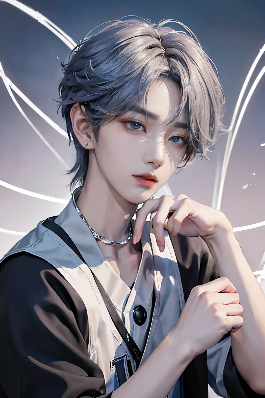 masterpiece、(top-quality)、((high-level image quality))、One Manly Boy、Slim body、((basketball uniform))、(Detailed beautiful eyes)、Stylish city background、sitting on a curb、Face similar to Chaewon in Ruseraphim、((short hair above the ears))、((Smaller face))、((doyagao face))、((Bright silver hair and bright red glowing eyes))、((Korean boy))、((16year old))、((Handsome man))、((Wild look))、((Korean Makeup))、((elongated and sharp eyes))、((Sit in front of the viewer))、((Photograph him from afar))、 ((Middle finger))