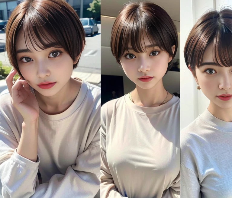 ((top-quality)),(masterpiece:1.4),Raw photography,8K,((Top image quality)), ((hight resolution))、Beautiful face in every detail,Realistic human skin,Gentle expression,(One lady:1.3 ),realisitic,(rather short hair:1.4),(Beautuful Women:1.3),(She looks like a cute Japanese girl)),(mannish),((Pretty Woman)),(Beautiful hair),((dark brown hair)),(((Red cheeks))),(Her eyes are big:1.3),20-year-old beauty,(her face small:1.3 ),small head,((long neck)),pale skin,Spot-free skin,With bangs,Everyone longs for,japanese beautiful woman,((eight heads high)),(T-shirt),smil,(Oversized clothes:1.3),Squatting