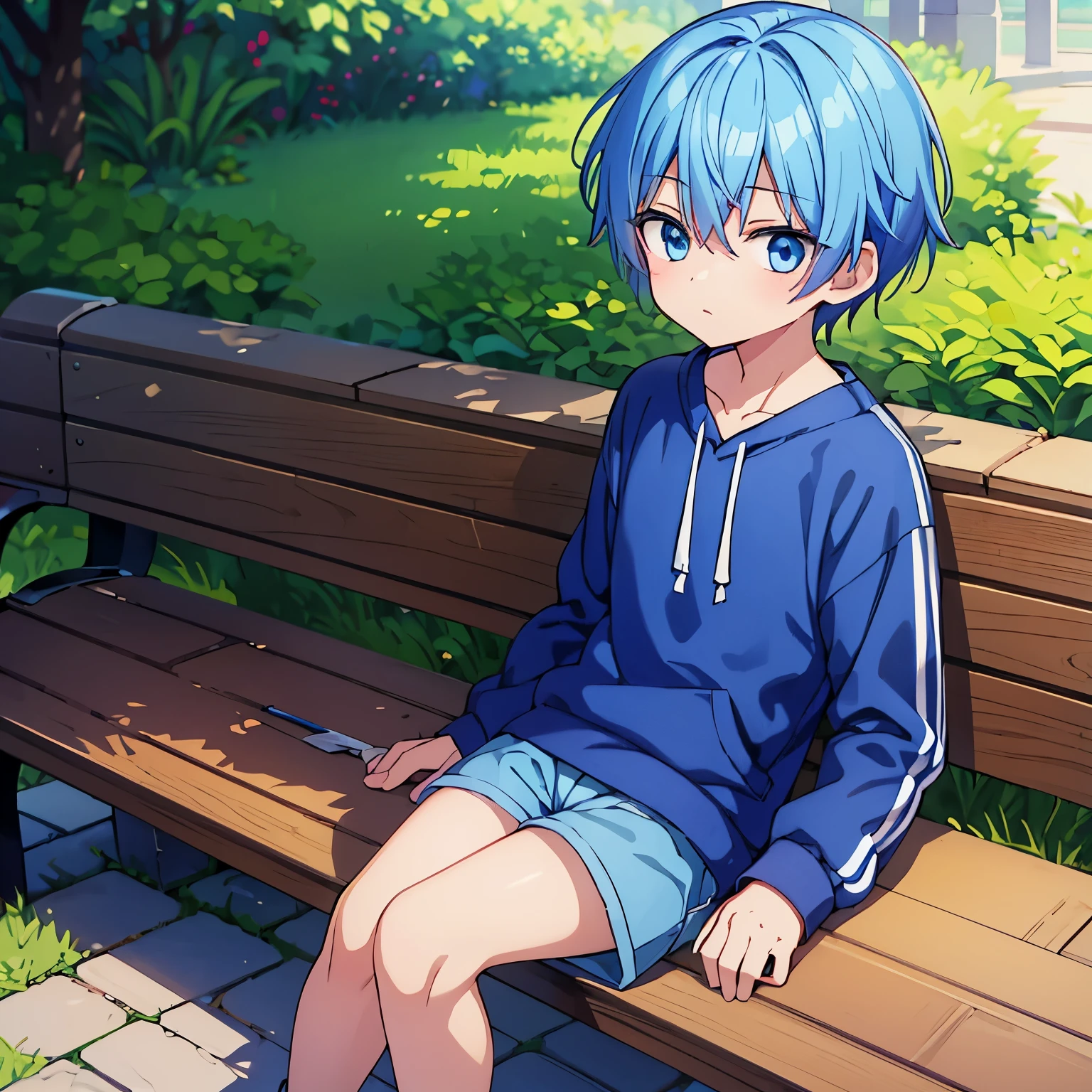 Boy, short blue hair, sitting on a bench, wearing a sweatshirt, shorts, very handsome, cute, hot, wearing no shirt under sweatshirt, teenager