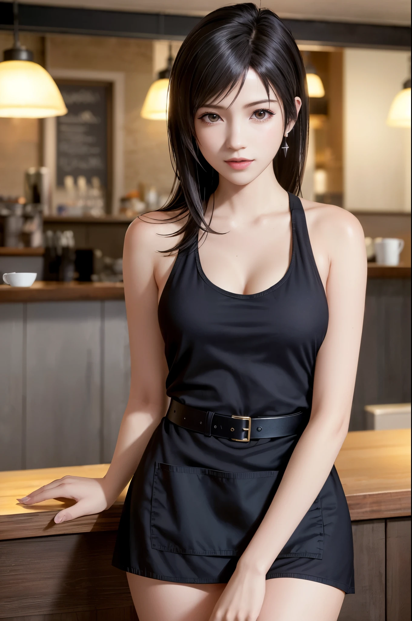 (Work in a fancy restaurant:1.5)、(All-black uniform:1.5)、(Full-body photo:1.5)、highest quality, Photorealistic, Very detailed, finely, High resolution, 8K Wallpaper, Professional, High level of detail, ((One 18 year old girl:1.2)), Slender Japanese women,Pretty lips, (Beautiful long lashes:1.2)、Detailed clavicle, Perfect Face, (Cute short bob hair:1.5),Top Quality，Ultra-clear resolution，Clear Eyes，Sunburned skin，Perfect large breasts，have perfect legs，A kind smile