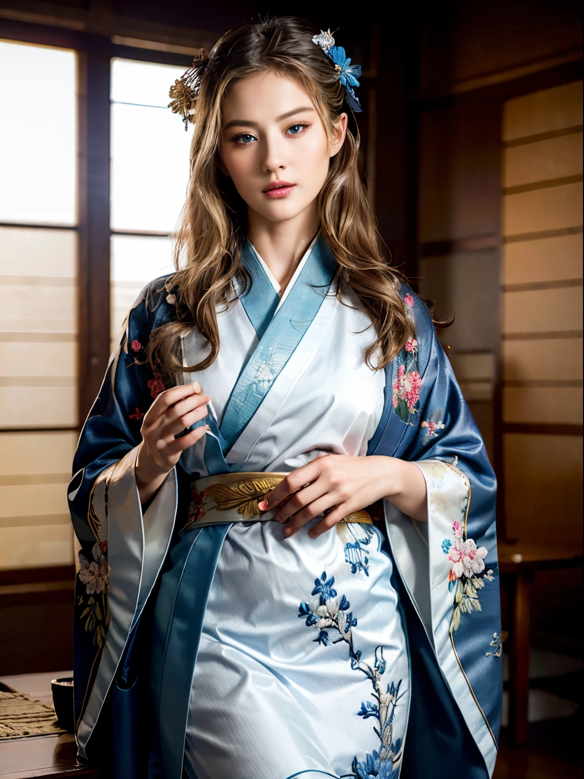 ((Finest quality)),(超A high resolution),(ultra-detailliert),(Meticulous portrayal),((Best CG)),(Finest works of art),Ultra-Precision Art,The art of astounding depiction,Sophisticated ink painting,mountain water, (A woman wears the finest kimono with delicate details and beautiful embroidery...:1.5),(a blond),(Beautiful blue eyes:1.3)、show niipples, show vagina, open legs:1.5.