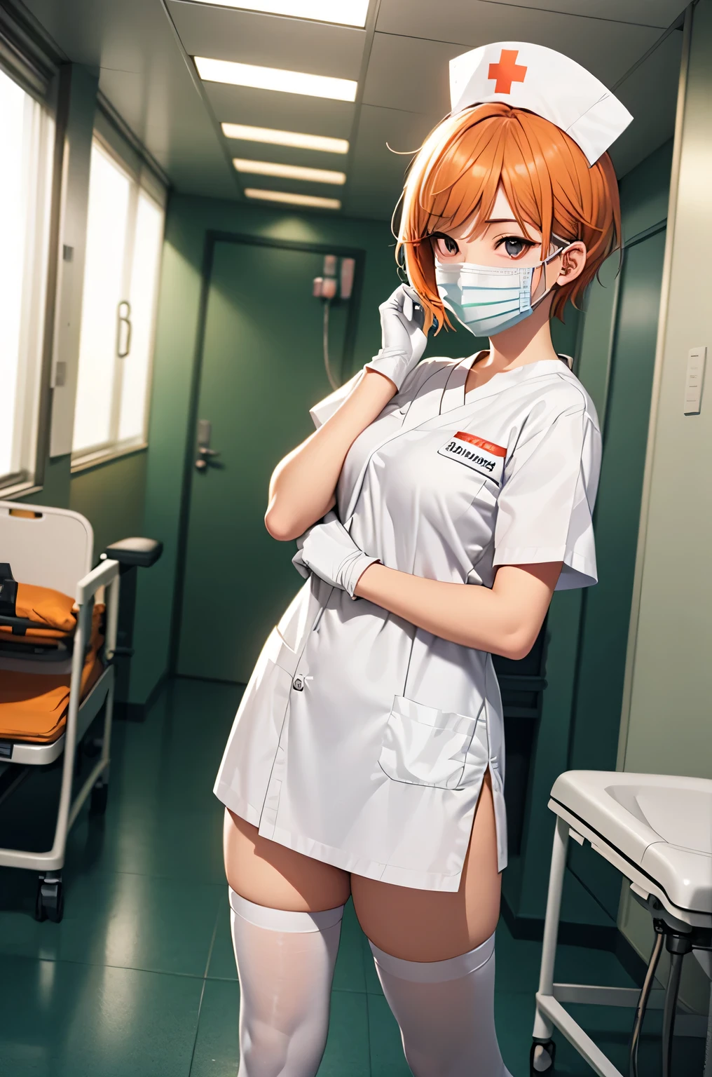 1 girl, alone, nurse, nurse cap, Whiteware, ((white legwear, zettai ryouiki)), white gloves, very short hair, orange hair, ((White surgical mask, Covered nose)), Are standing, ((hospital room)), sharp outline, short sleeve, Tomboy, boyish, highest quality, masterpiece