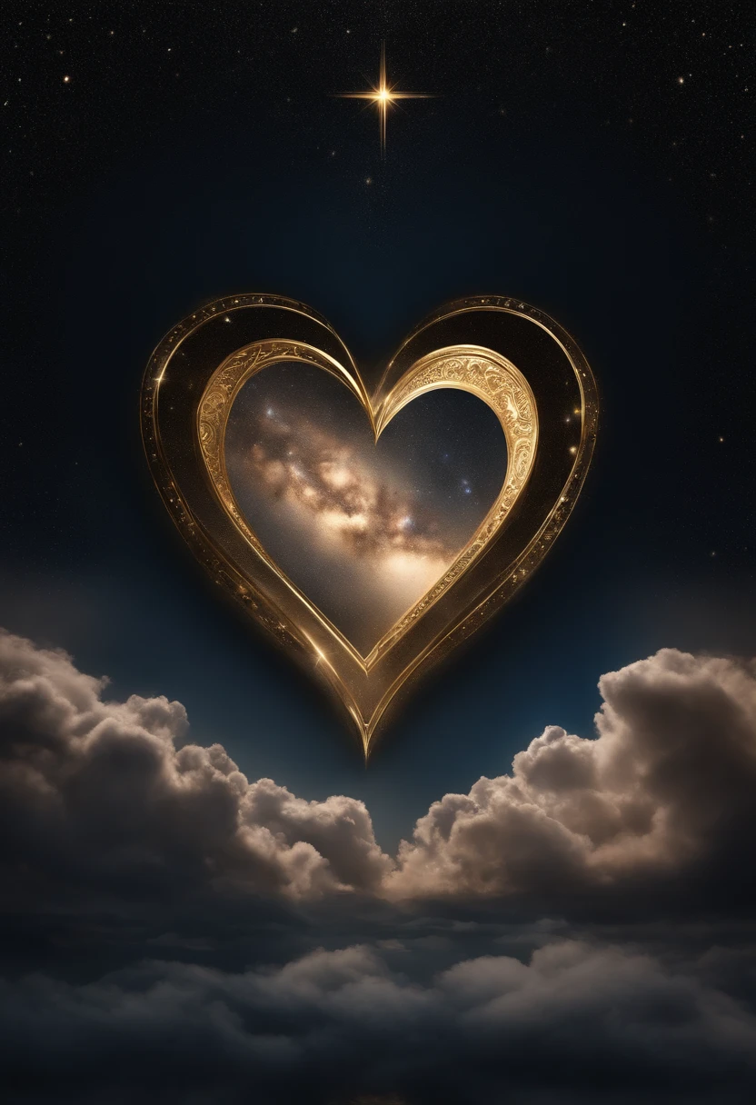 Create an image with a celestial body in the background, Stars and clouds, represents god'like. insert a poem "神はご自分の独り子をお与えになるほどに世をlikeされたからです, Those who believe in him will not perish、should have eternal life." elegantly, Golden letters.((cloud heart shape)),milky way