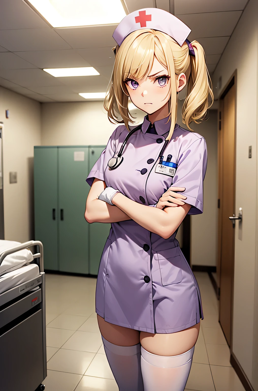 1 girl, alone, nurse, nurse cap, Whiteware, ((white legwear, zettai ryouiki)), white gloves, twin tails, yellow hair, purple eyes, anger, crossed arms, Are standing, ((hospital room)), sharp outline, short sleeve, highest quality, masterpiece