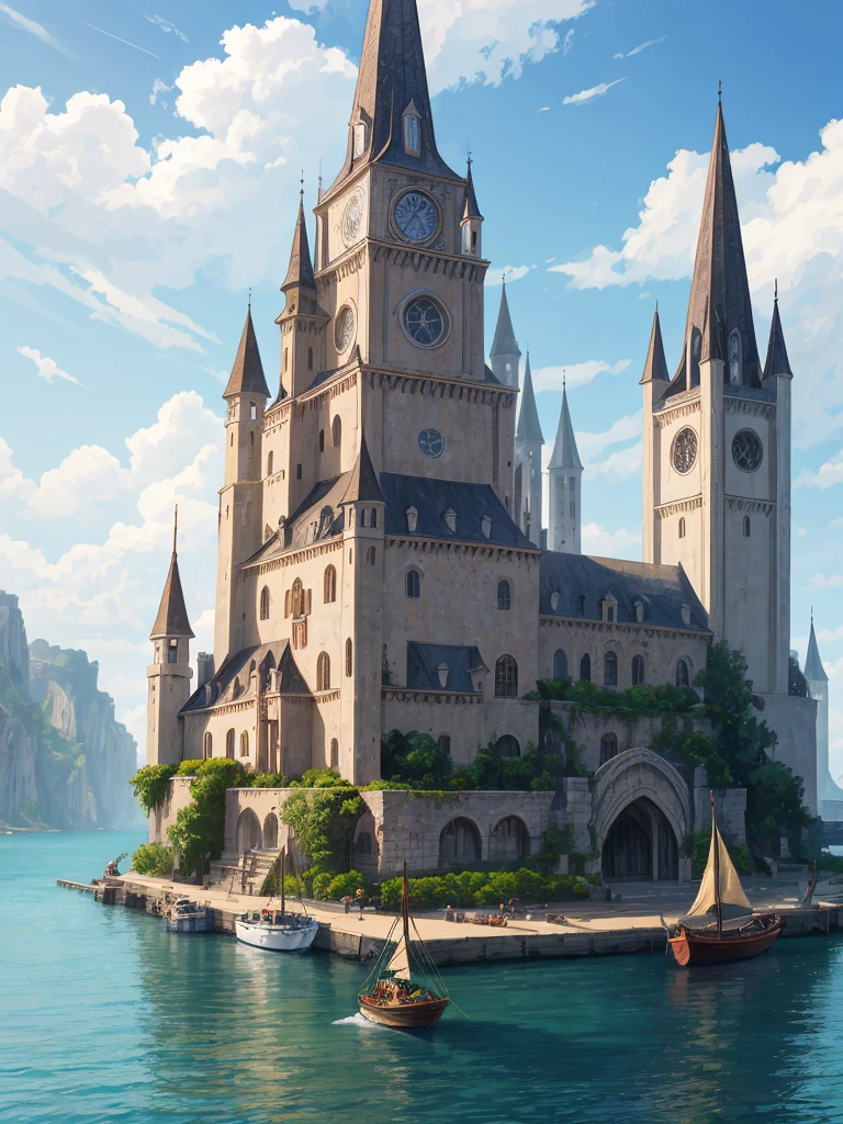 （（（masterpiece、Highest image quality、highest quality、highly detailed unity 8ｋwallpaper）））、（（fantasy、middle ages））、（A small port town on the frontier、pier）、old small sailing boat