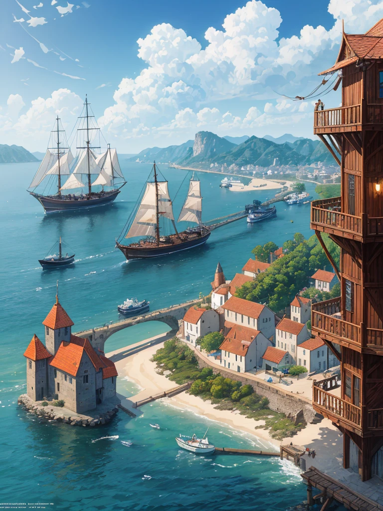 (((masterpiece、Highest image quality、highest quality、highly detailed unity 8kwallpaper)))、((fantasy、middle ages))、(A small port town on the frontier、pier)、old small sailing boat