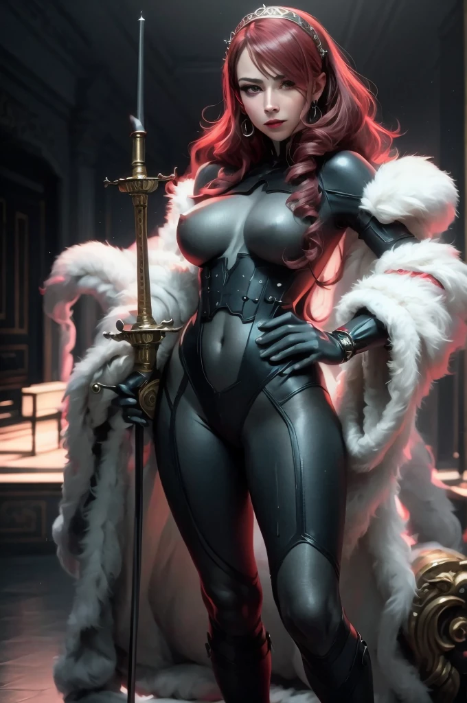 a woman with red lipstick has armor on and is holding a sword, kirijou mitsuru, 1girl, solo, hair over one eye, long hair, (((red hair))), weapon, rapier, sword, bodysuit, black bodysuit, grey bodysuit, hand on hip, (((large ))), (purple theme:1.2), ((indoors)) (In Baroque style hall:2), queen, majestic, graceful, perfect face, beautiful face, perfect female body, mature , (glowing red eyes:1.2), short ponytail, Queen's crown, darker violet gossamer veilal red cloak with jewels and fur, royal red shawl with jewels and fur, earrings, jewels, jewelry, head ornaments, hands ornaments, legs ornaments, high heels, Narrow waist, big ass, wet, wet bodyweating body, shiny skin, ((no close up)), (8k, RAW photos, highest quality, masterpiece: 1.7). (Realistic, Photorealistic: 1.9)
