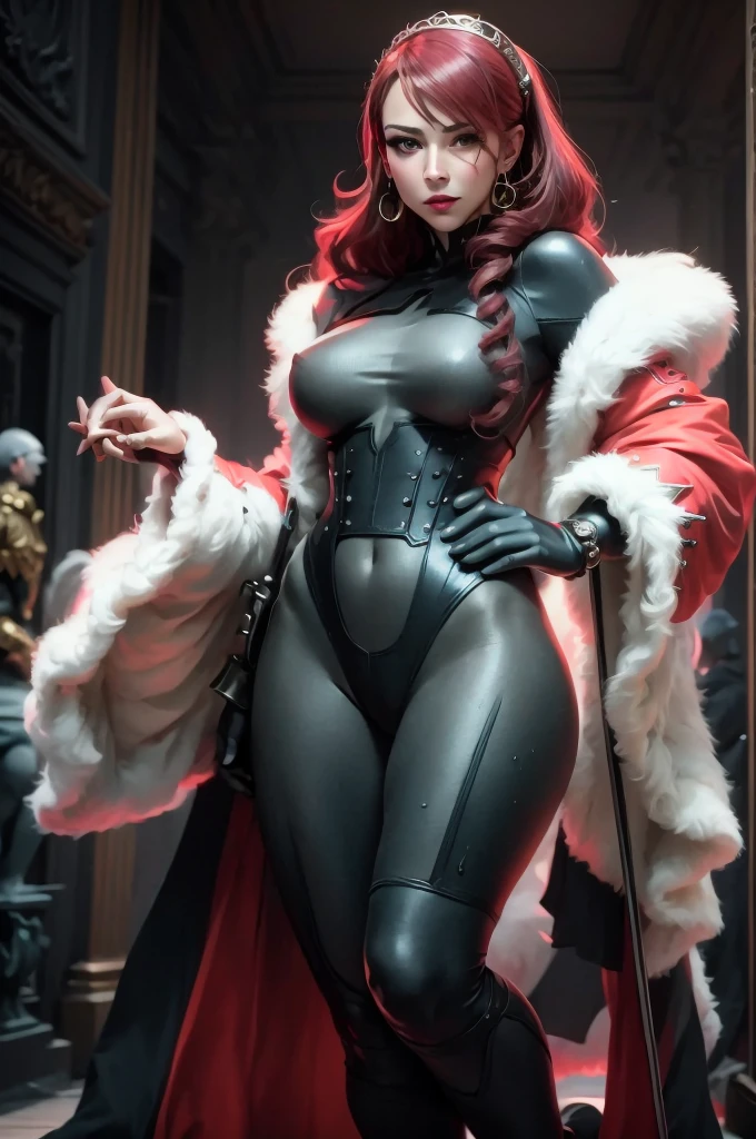 a woman with red lipstick has armor on and is holding a sword, kirijou mitsuru, 1girl, solo, hair over one eye, long hair, (((red hair))), weapon, rapier, sword, bodysuit, black bodysuit, grey bodysuit, hand on hip, (((large ))), (purple theme:1.2), ((indoors)) (In Baroque style hall:2), queen, majestic, graceful, perfect face, beautiful face, perfect female body, mature , (glowing red eyes:1.2), short ponytail, Queen's crown, darker violet gossamer veilal red cloak with jewels and fur, royal red shawl with jewels and fur, earrings, jewels, jewelry, head ornaments, hands ornaments, legs ornaments, high heels, Narrow waist, big ass, wet, wet bodyweating body, shiny skin, ((no close up)), (8k, RAW photos, highest quality, masterpiece: 1.7). (Realistic, Photorealistic: 1.9)