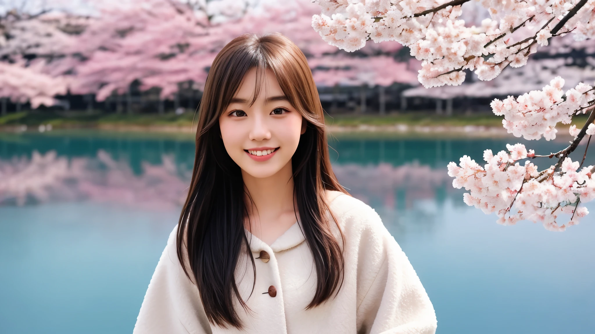 Instagram pictures, 1Asian Girl, Shoulder length hair, with light blonde hair, Close-up photo, coat, The background is the lake Kawaguchiko with cherry blossom, Japan, smile a little,