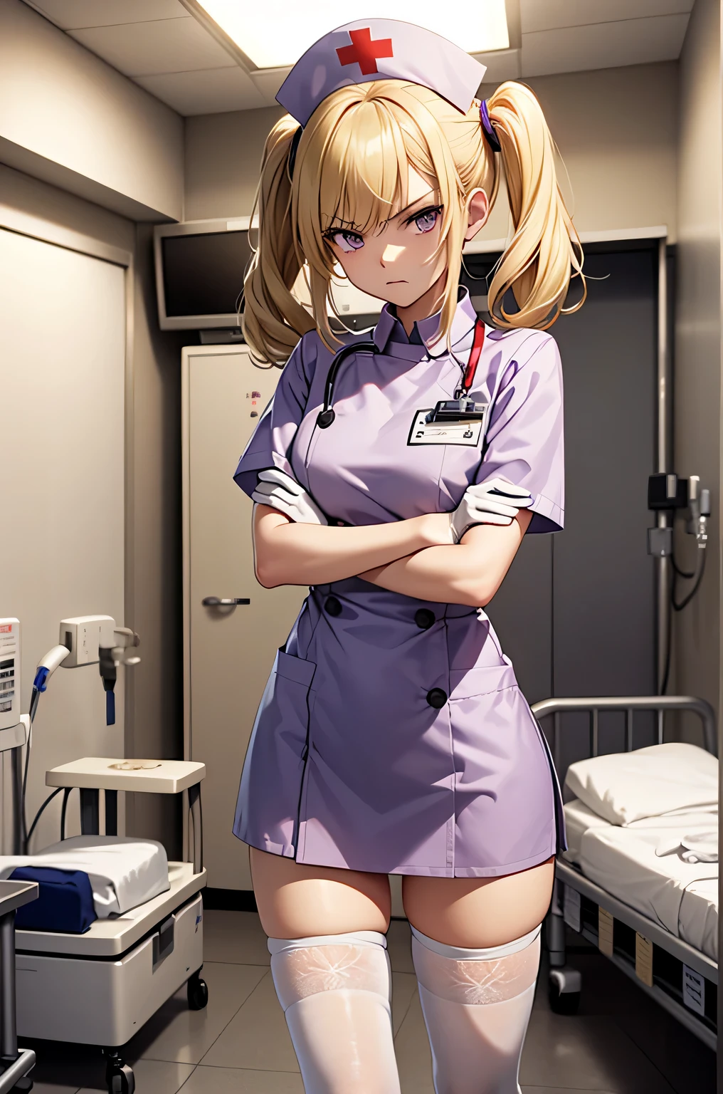 1 girl, alone, nurse, nurse cap, Whiteware, ((white legwear, zettai ryouiki)), white gloves, twin tails, yellow hair, purple eyes, anger, crossed arms, Are standing, ((hospital room)), sharp outline, short sleeve, highest quality, masterpiece