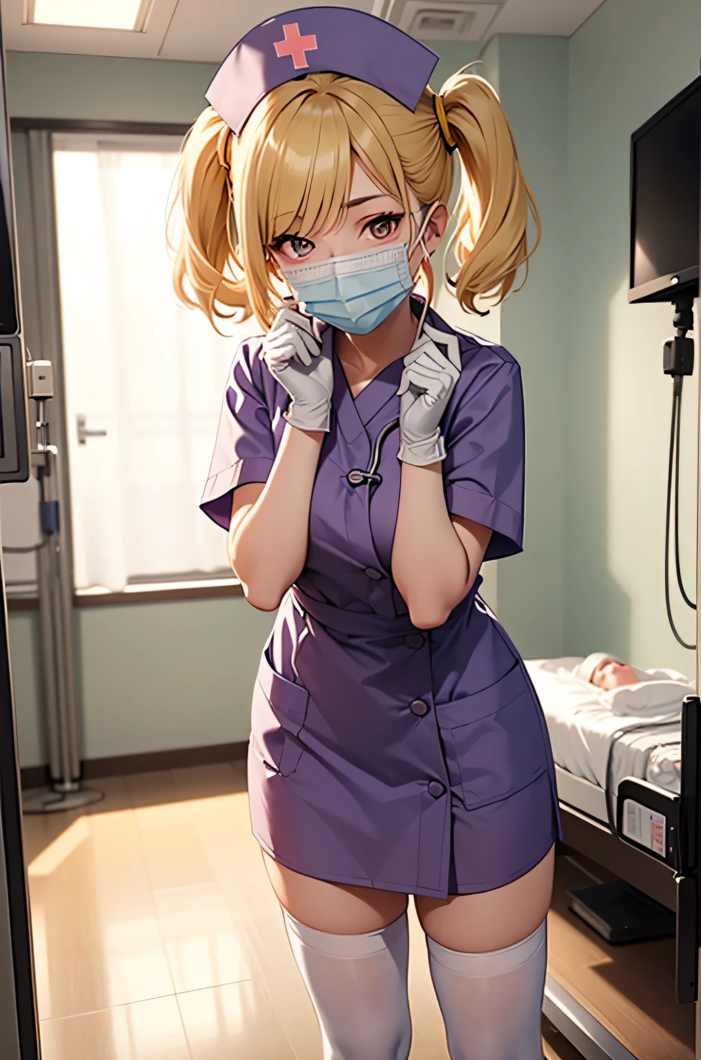 1 girl, alone, nurse, nurse cap, Whiteware, ((white legwear, zettai ryouiki)), white gloves, twin tails, yellow hair, purple eyes, ((White surgical mask, Covered nose)), Are standing, ((hospital room)), sharp outline, short sleeve, highest quality, masterpiece