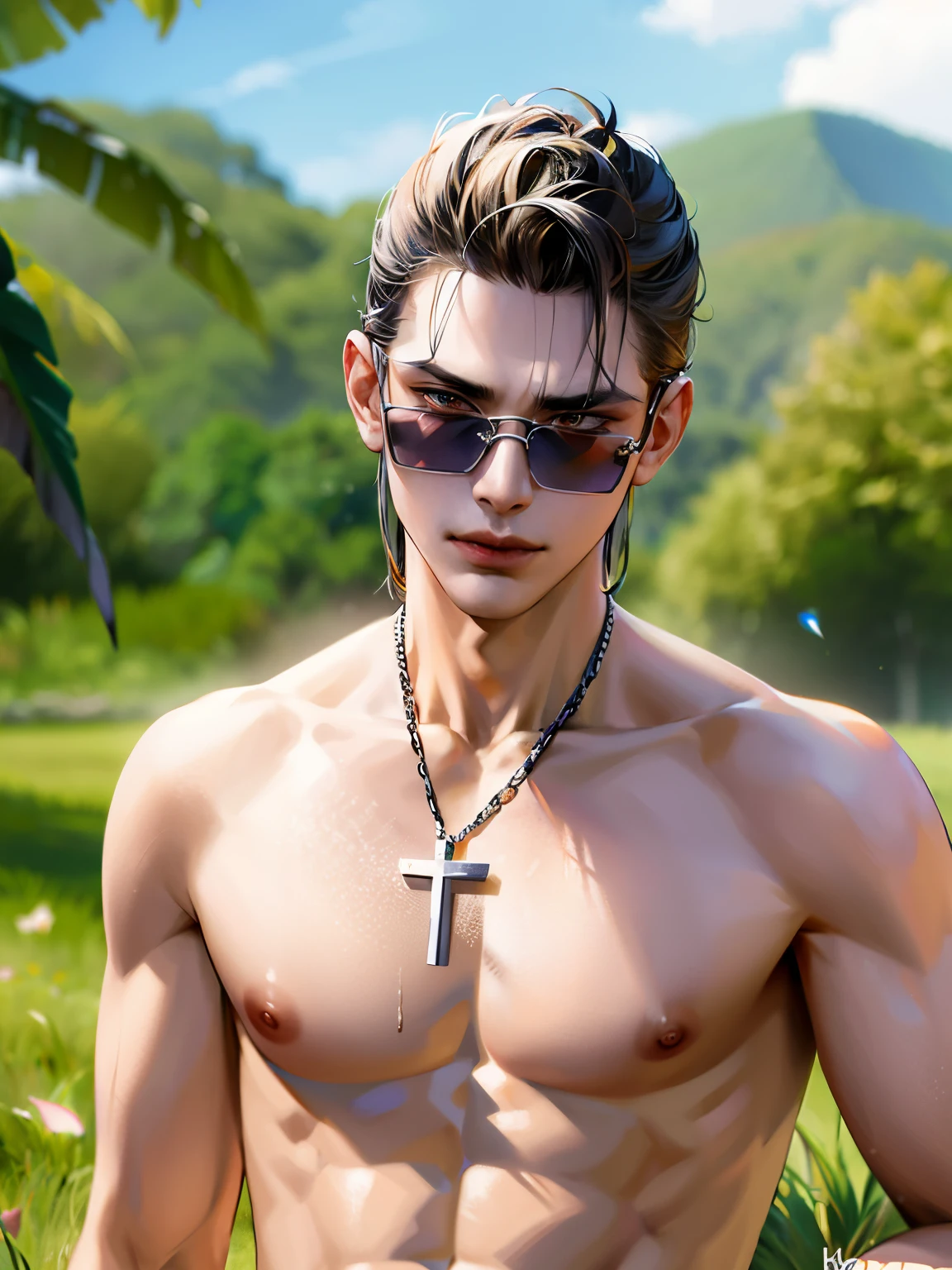 there is a man with a cross on his chest and wearing dark glasses, shirtless, a twitch streamer / gamer Ludwig, medium shot of handsome guy, Kacper Nepokolczycki, bare chest, flat torso, filmed in early 2020s, of a shirtless, thin young man, chest and face