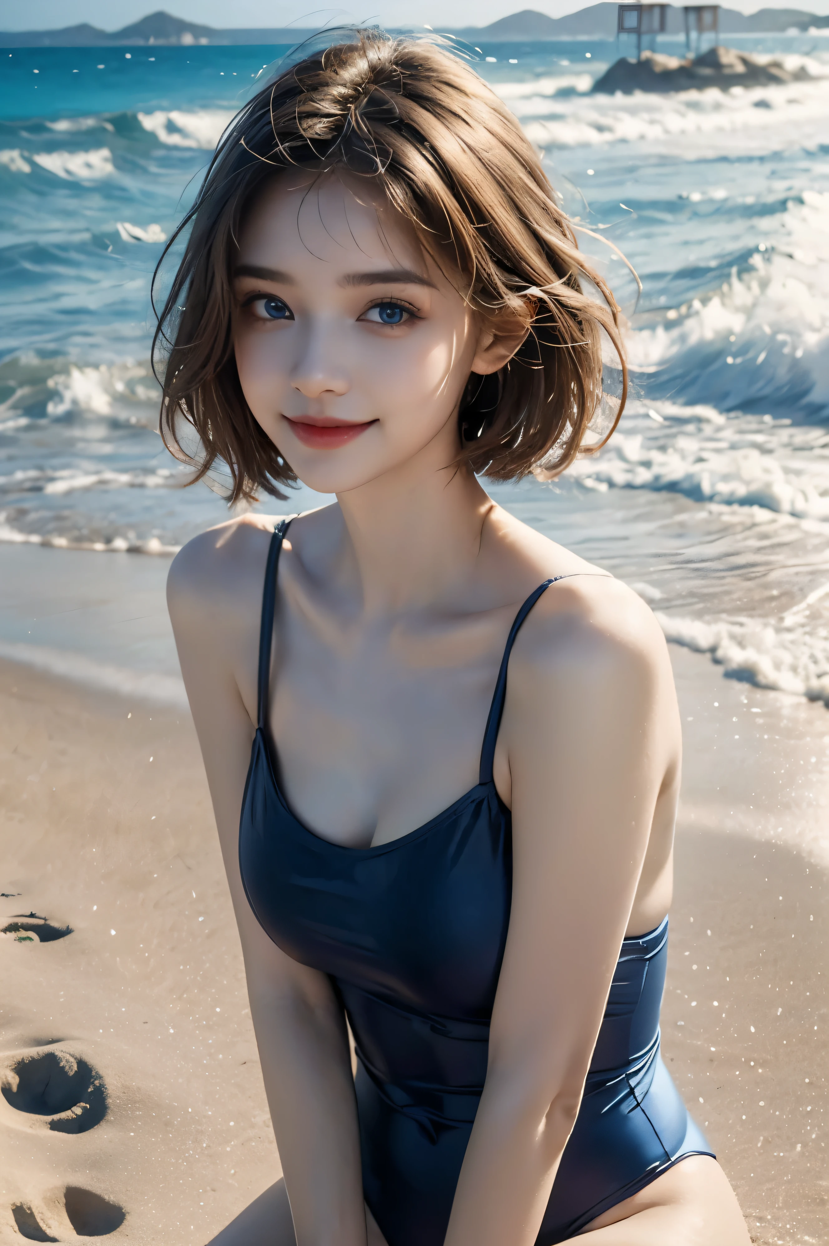 (1boy:1.6),20yr old,(embarrassed,lightsmile,Looking at Viewer:1.2),8K,RAW portrait of (japanaese girl),Almond Eyes,Photorealistic,超A high resolution,Best Quality,Selfie,Sportsbra,Beach,(Sitting:1.2),Large breasts,sitting beach,(Soft breasts:1.4),(Natural Skin Texture,Detailed skin, Hyper-Realism,ultra sharpness),Intricate details,depth of fields,(Bright lighting:1.2)