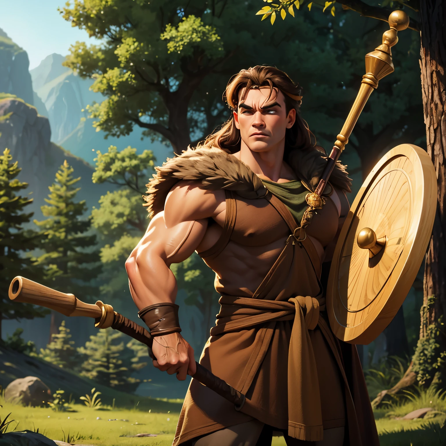 fantasy art, dnd, druid, young arnold schwarzenegger, conan, woods, headband, forest, trees, staff and shield, robe