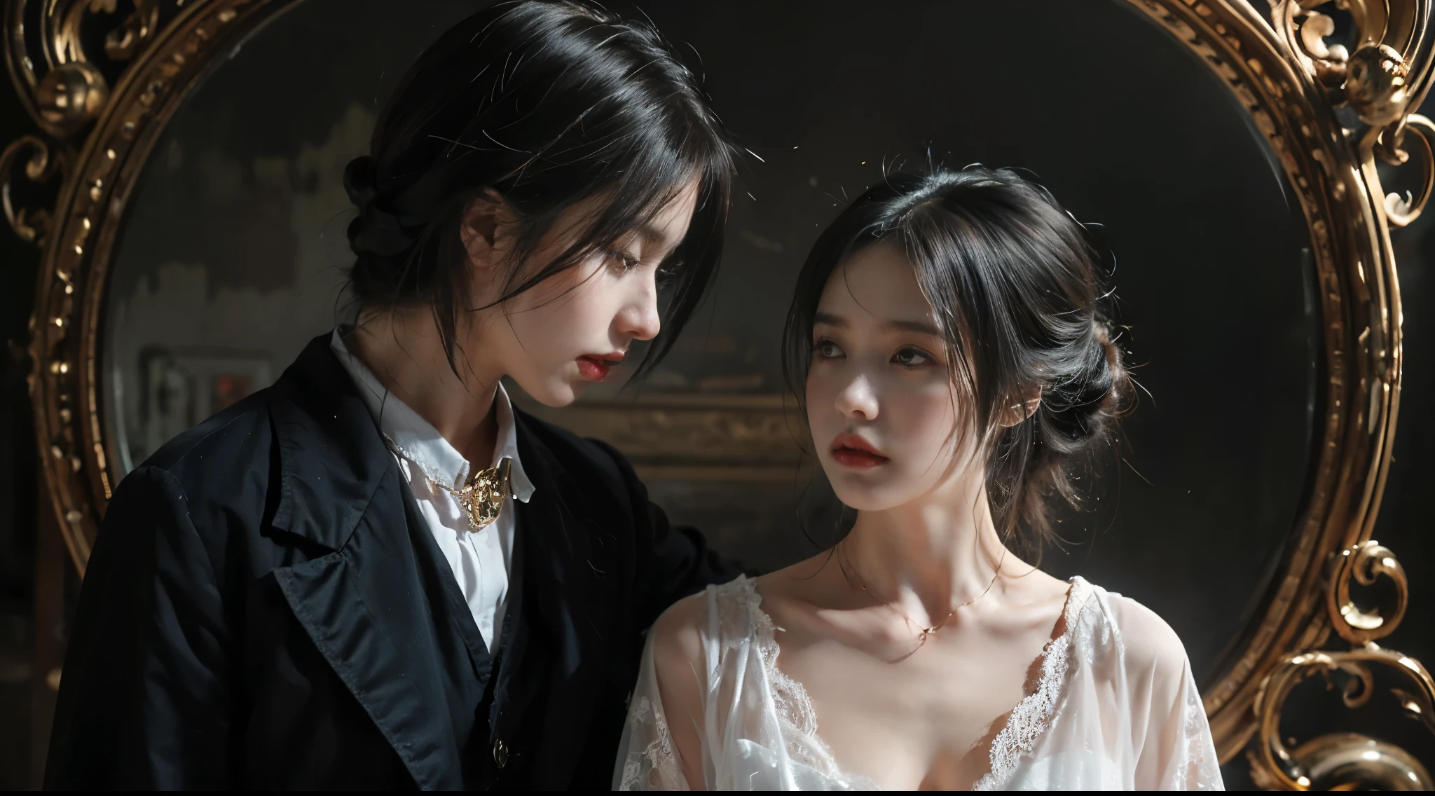 官方Art, unified 8k wallpaper, Super detailed, beautiful, beautiful, masterpiece, best quality, dark, Atmospheric, mystery, Romantic, crawl, literature, Art, Fashion, victorian era, decorate, complex, ironwork, lace, Brooding, emotional depth, supranatural, 1 girl, alone, neck, bust composition