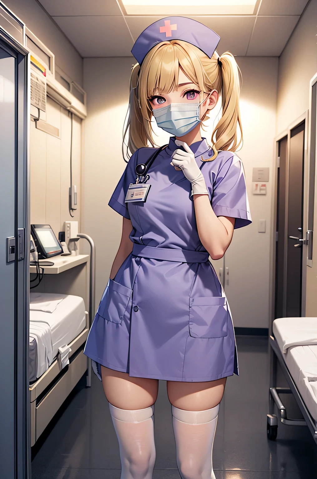 1 girl, alone, nurse, nurse cap, Whiteware, ((white legwear, zettai ryouiki)), white gloves, twin tails, yellow hair, purple eyes, ((White surgical mask, Covered nose)), Are standing, ((hospital room)), sharp outline, short sleeve, highest quality, masterpiece