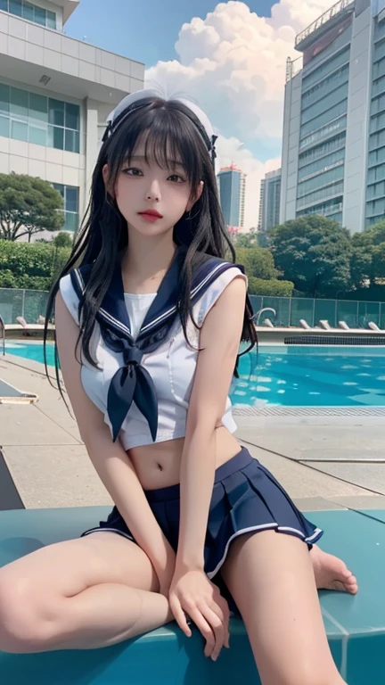 play sports often, long hair、(sailor suit:1.4)、(Navel exposed:1.2)、(barefoot:1.1)、(pink pleated skirt:1.1)、No panties, (Cyberpunk settings: 1.2), compensate,, (1 girl: 1.4), highest quality, masterpiece, (reality: 1.2), young woman, lady, detailed face, fine eyes,(black hair)、fine hair, fine skin, looking at the viewer, dramatic, vibrant, sharp focus, 50mm, f1.2, EOS R8, (3/4 body: 1.2), (With the pool in the background: 1.6), (highest qualityの詳細: 1.2), 8K HD,(spread legs:1.1)