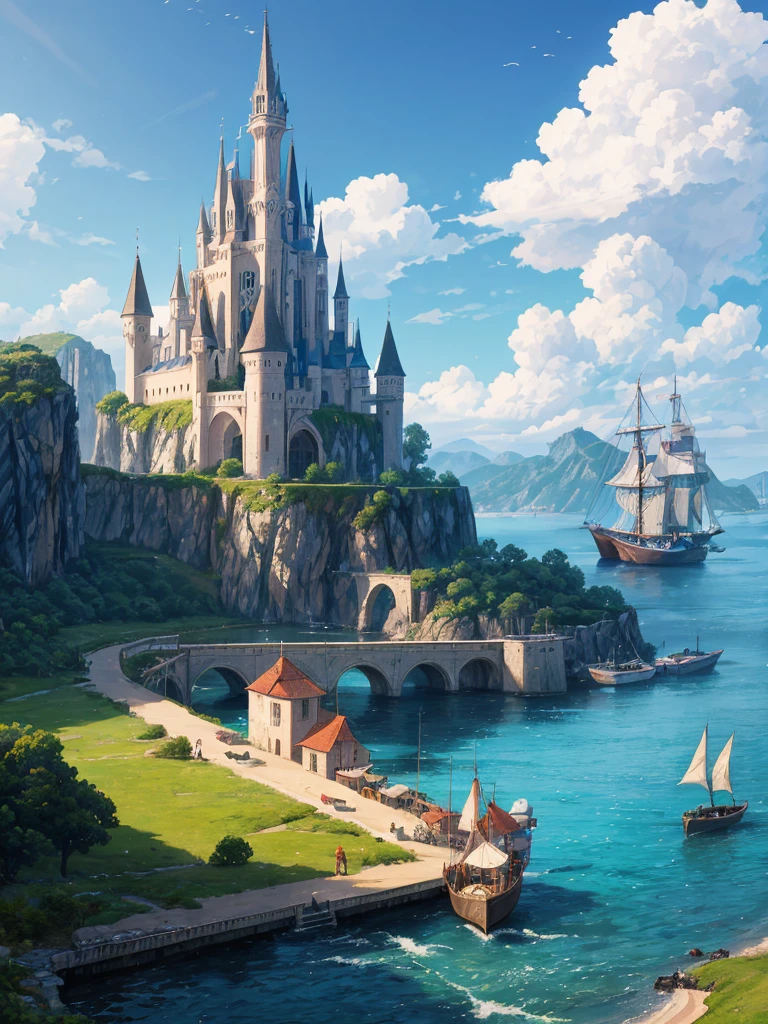 (((masterpiece、Highest image quality、highest quality、highly detailed unity 8kwallpaper)))、((fantasy、middle ages))、(A small port town on the frontier、pier)、old small sailing boat