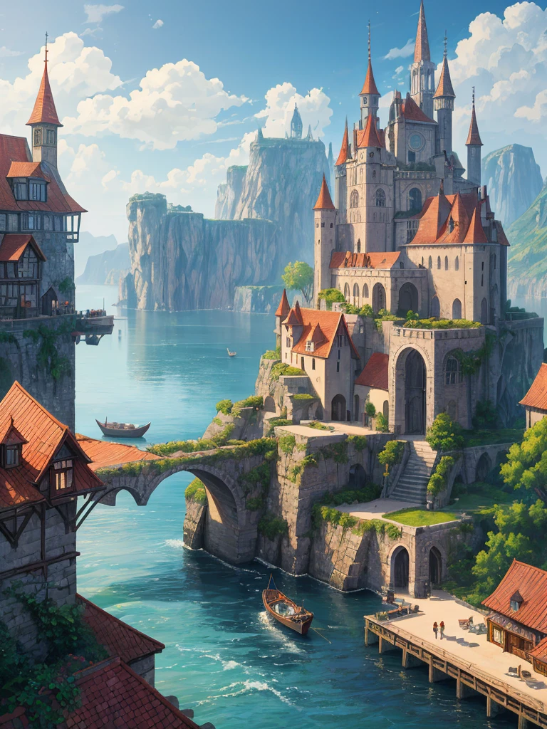 （（（masterpiece、Highest image quality、highest quality、highly detailed unity 8ｋwallpaper）））、（（fantasy、middle ages））、（A small port town on the frontier、pier）、old small sailing boat