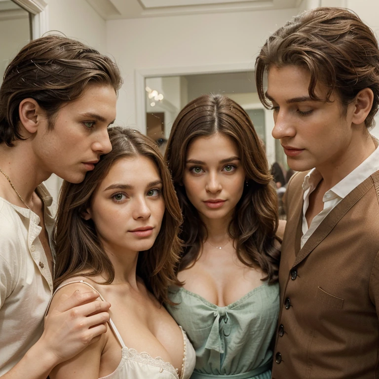 Create a family inside a salon, onde uma mulher tem cabelos e olhos castanhos escuros e pele clara, um homem louro, three children according to the genetic combination of the man and the woman, based on 18th century European aristocracy.