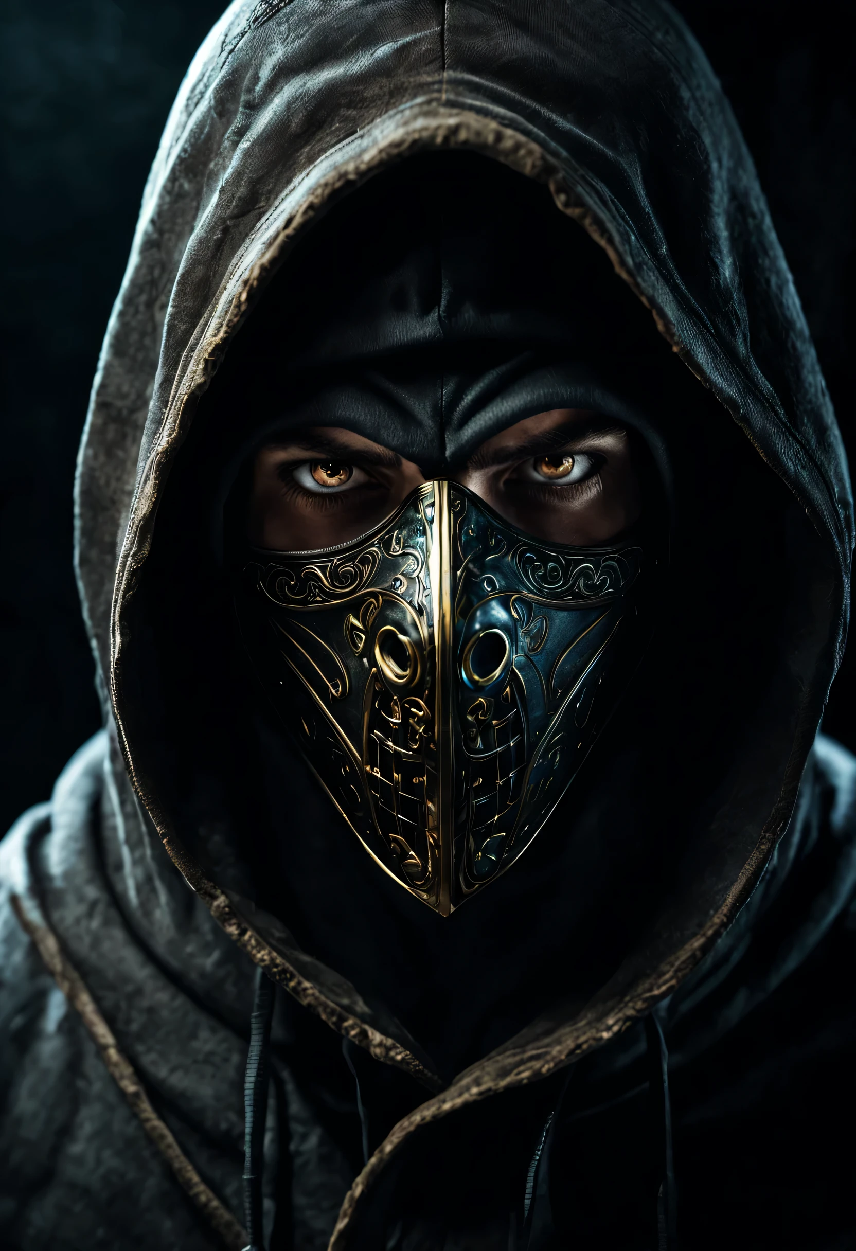 Best texture, high quality, ultra HD, 8K, ultra-detailed face, glowing eyes, realistic, very detailed, high detail, portrait of assassin with his face visible, wearing mask covering his nose and mouth, hooded outfit, dark environment with minimal lights, depth of field, cinematic scene