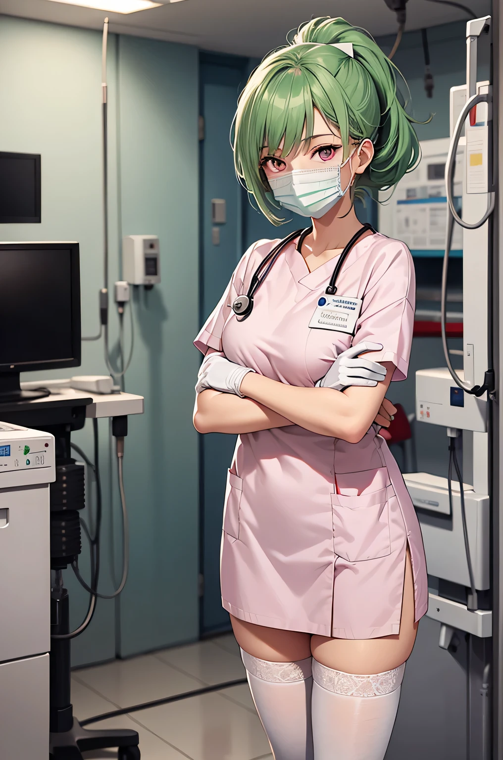 1 girl, alone, nurse, nurse cap, Whiteware, ((white legwear, zettai ryouiki)), white gloves, ponytail, green hair, pink eyes, ((White surgical mask, Covered nose)), Are standing, ((hospital room)), sharp outline, short sleeve, highest quality, masterpiece