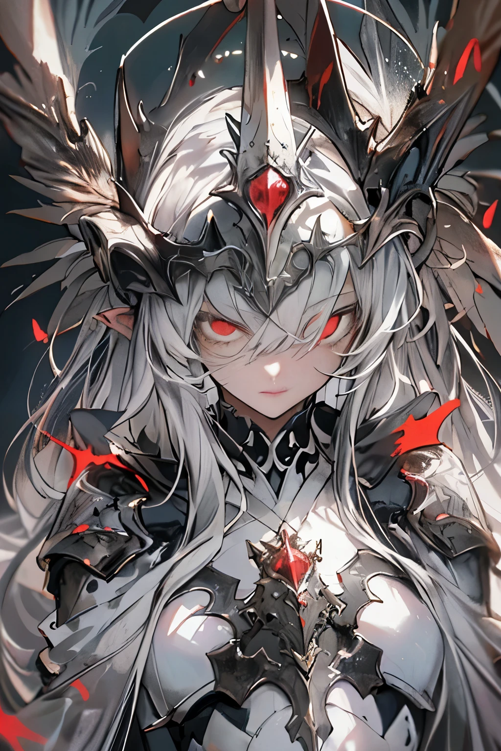 warrior,Angel,armor,Armless masterpiece, best quality, Super detailed, ridiculous, rich and colorful, 1 girl, alone, (pure red eyes:1.0), (white hair, long hair, straight hair, hair covering one eye:1.0), delicate eyes, Keep your eyes open, eyelash, (Upper body:0.8), monster girl, side view, glowing eyes, Tilted head, night, black suit, pointed ears, fear, dark, black background, looking at the audience, crown, high contrast, backlight, (permanent:0.8), halo, fractals background, chaotic, spiral, devil horns, vitality, a mosaic, hell