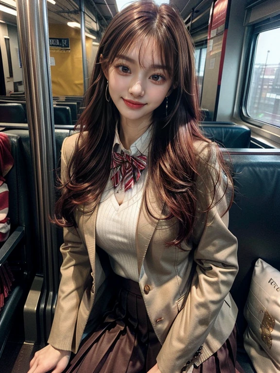Raw photo、32K、8K、Kpop Idol、, extremely bright backlight, Solo, {Beautiful and detailed eyes}, autumn night, Large breasts, Dazzling moonlight, Calm expression, Natural and soft light, Hair blown in the breeze, Delicate facial features, Blunt bangs, Beautiful Korean Girl, Smile in the eyes, very small earrings, 18year old, ((model poses)), Glamour body type,(Colorful hair, half red hair、half brown hair:1.2), Microparticles, Real Hand, masutepiece, Best Quality, Photorealistic, Ultra-detailed, Finely detailed, High resolution,Brown messy hair, Perfect dynamic composition, Beautiful detailed eyes, Asian Girl,((nervous and embarrassed)),foco nítido, beauty mix, Movie girl、(With my mouth wide open、Smiling smile:1.3),(Wearing a brown school blazer uniform,Brown pleated skirt:1.3),(poneyTail:1.3),(Sitting in a train seat.:1.3),(with spreading legs:1.4),(Hands behind your back:1.3),(I can see panties:1.4),fullllbody、Colossal tits、Panties that dig into the crotch